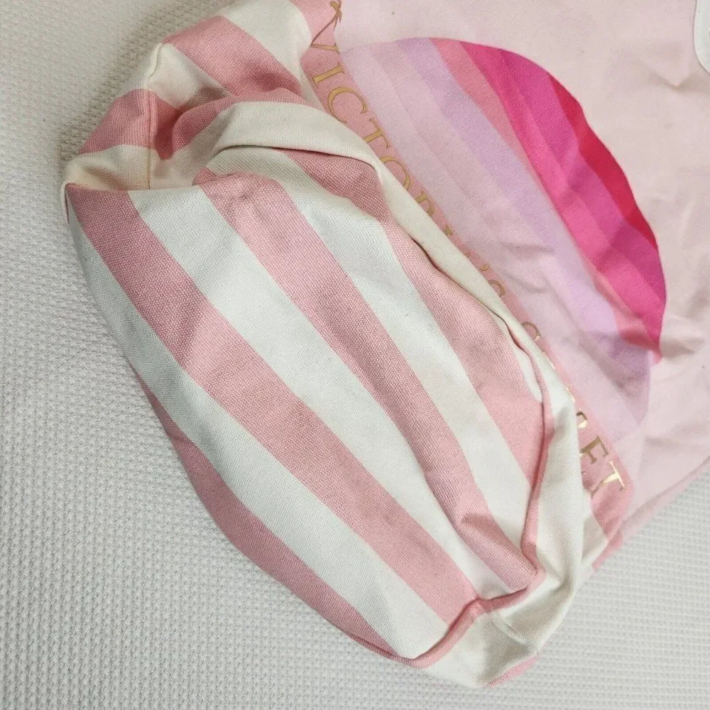 Victoria’s Secret Pink White Stripe Beach Bucket Bag Backpack Canvas